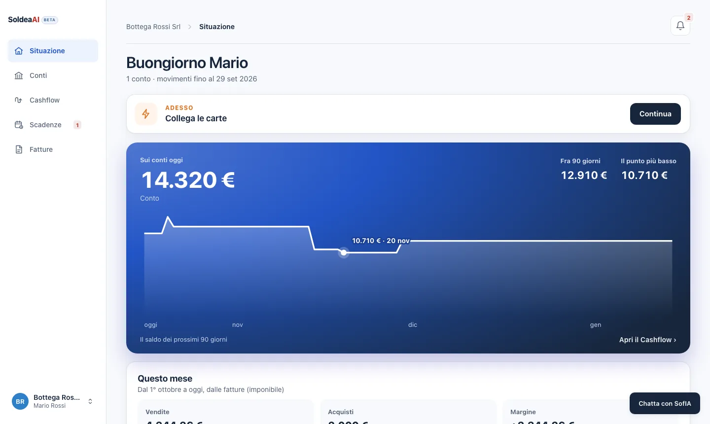 Soldea, pagina Situazione: Come va la tua attività oggi, in una schermata.