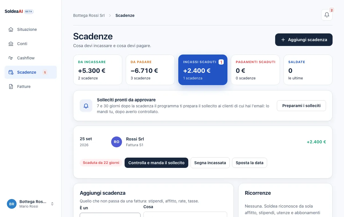 Soldea, Scadenze: gli incassi scaduti con il sollecito pronto